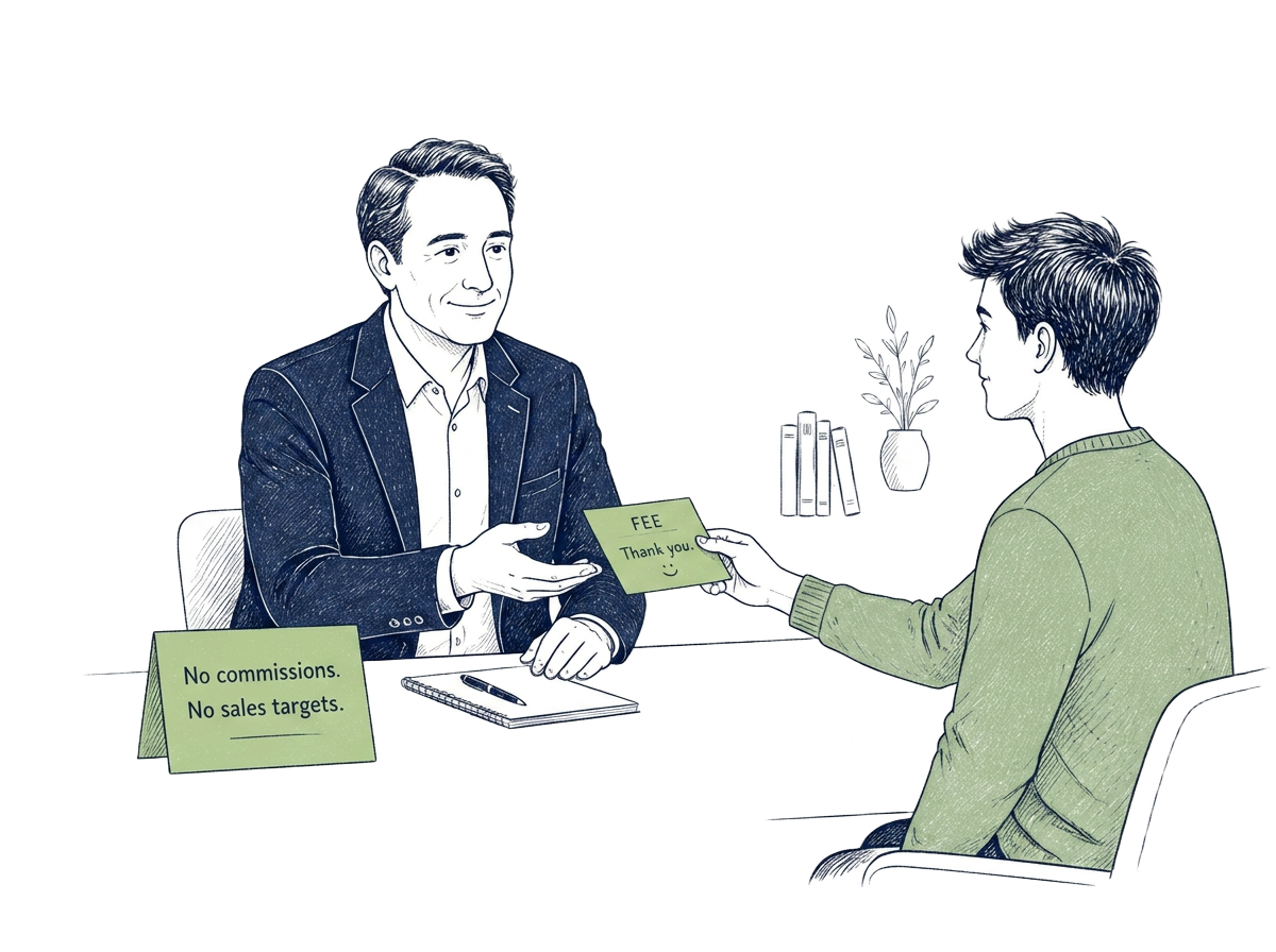Sketch of a fee-only advisor receiving a small fee from a client, with a sign reading 'No commissions. No sales targets.'