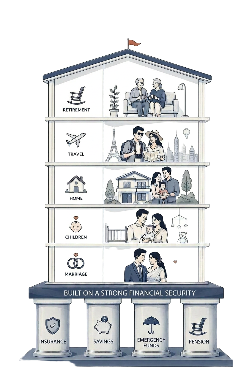 Sketch of a five-storey building — Marriage, Children, Home, Travel, Retirement — resting on four labeled pillars: Insurance, Savings, Emergency Funds, Pension. Base reads 'Built on strong financial security.'