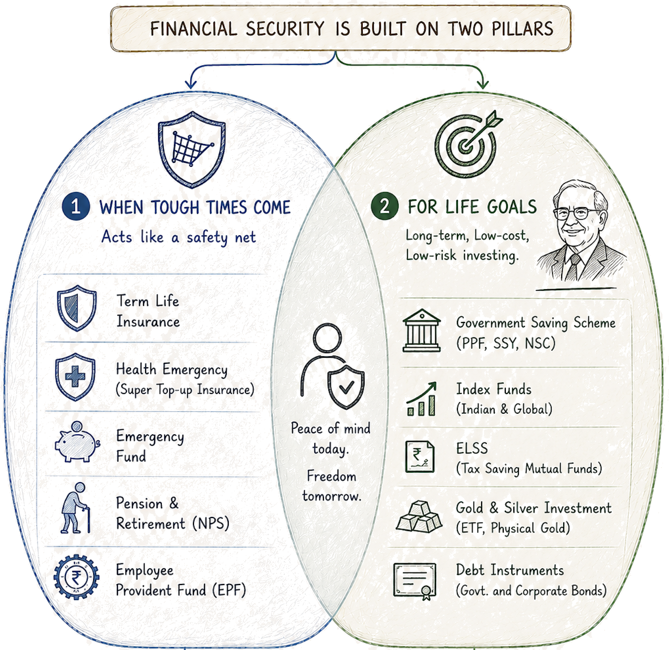 Two pillars of financial security. Pillar one — when tough times come, a safety net: Term Life Insurance, Health Super Top-up, Emergency Fund, Pension & Retirement (NPS), Employee Provident Fund (EPF). Pillar two — for life goals, long-term low-cost low-risk investing: Government Saving Schemes (PPF, SSY, NSC), Index Funds (Indian & Global), ELSS tax-saving mutual funds, Gold & Silver ETFs, Debt Instruments (Govt. and Corporate Bonds).
